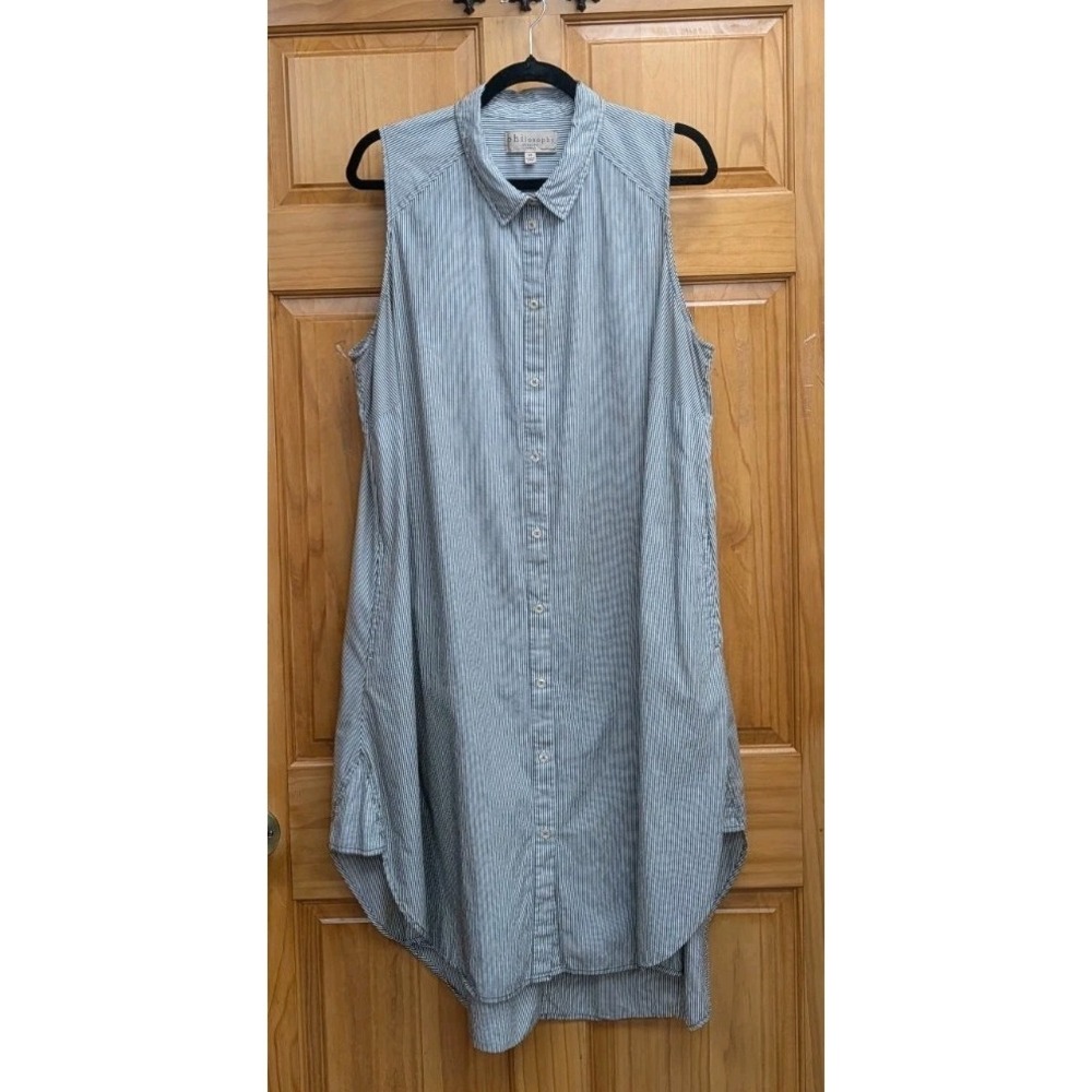 Philosophy Women Dress Size 2X Sleeveless Side Pockets Strips Button Front